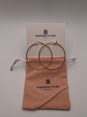 NWT Madison Tyler Gold Tone Large Hoop Earrings w/ Dust Bag Classic Minimalist